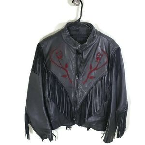 Vintage Black Leather Jacket with Red Embroidery